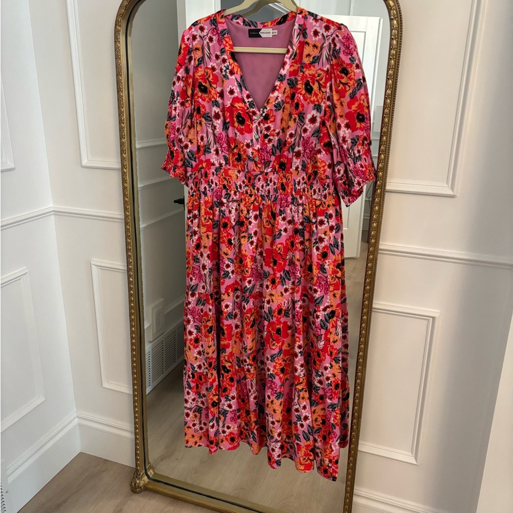 Red and White Tiered Midi Dress with Puff Sleeves